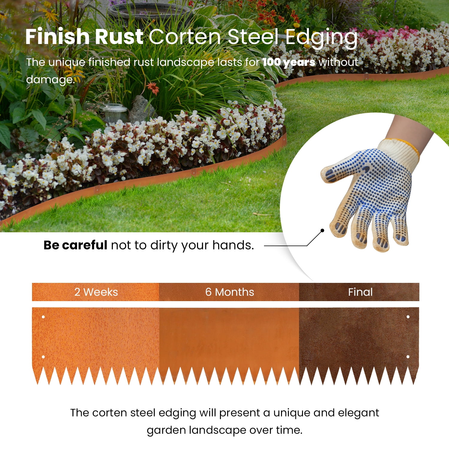 20FT Corten Steel Garden Edging, 8" Rusted Iron - Bendable Landscape Border for Flower Beds, Lawn/Yard, Hammer-in Design