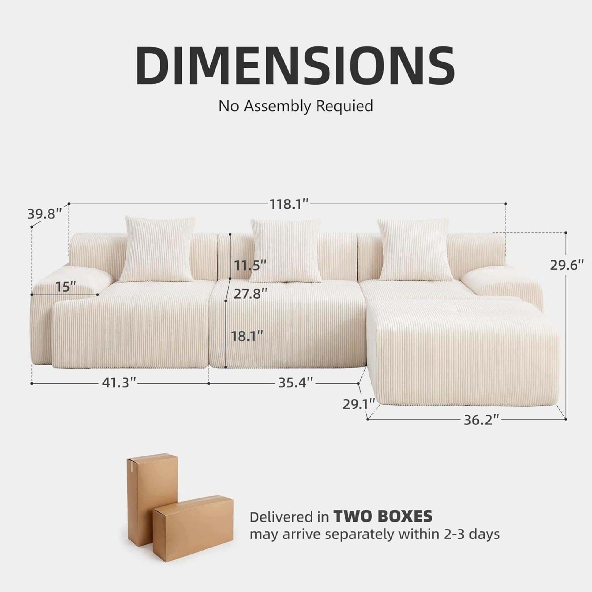 Sailvan 118"" Modern L-Shaped Modular Sectional Sofa, Corduroy Boneless Cloud Couch with Deep Seat and Moveable Ottoman, No Assembly Required