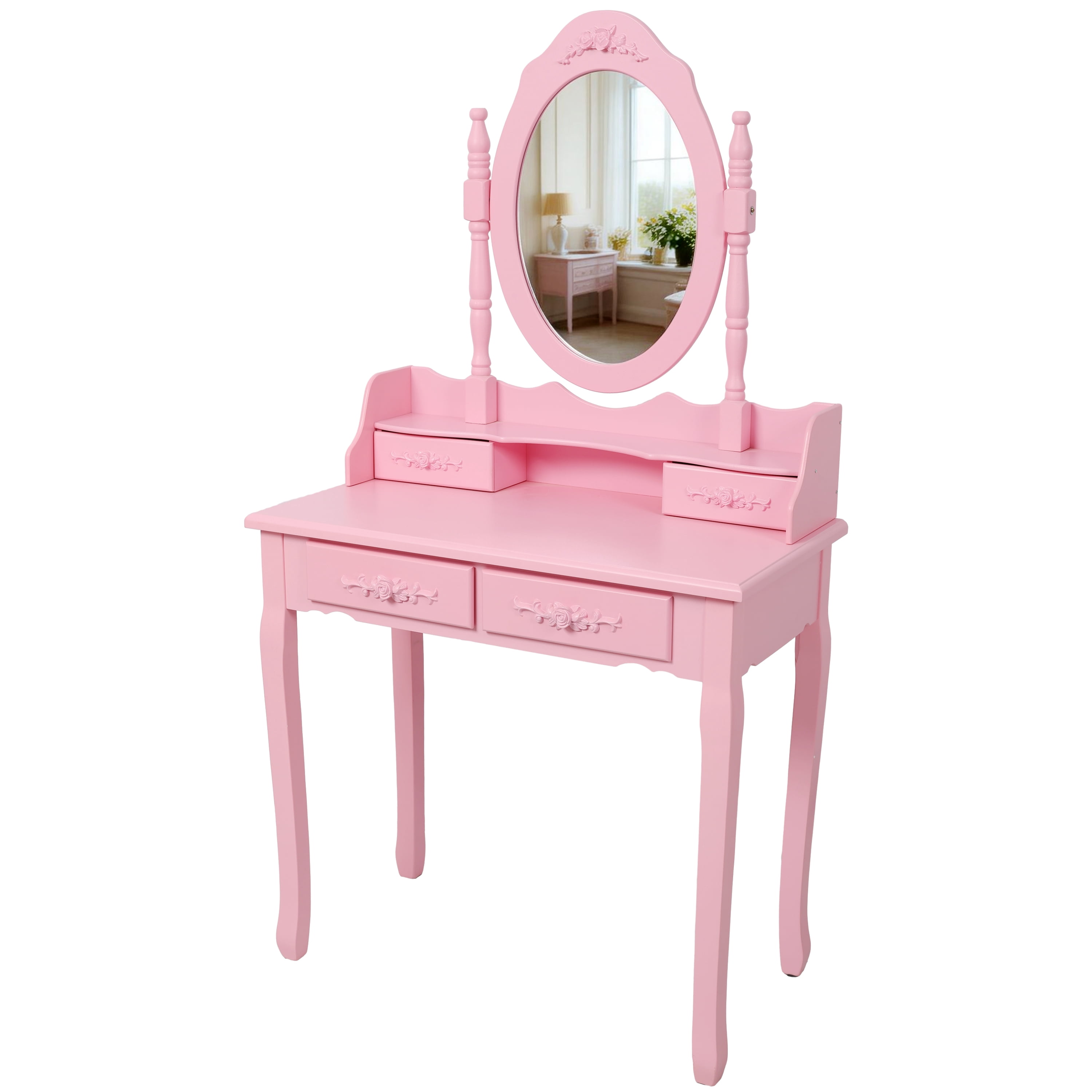 Makeup Vanity, Vanity Desk for Girls, Princess Vanity Pink with 360 Degree Rotating Mirror 4 Drawers Large Tabletop Includes Cushioned Multi Purpose Stool, Pink