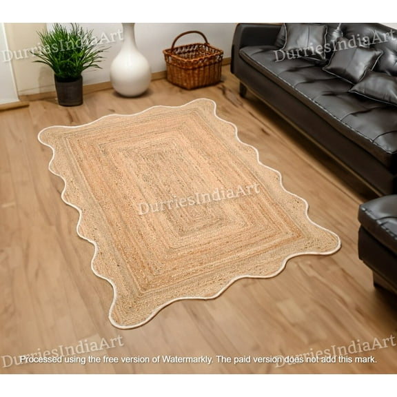 Natural Scalloped Jute Rug, Scallop pattern Rug, 100% Wool Handmade Area Rug Carpet for Home, Bedroom, Living Room, Kids Room, Office Rug