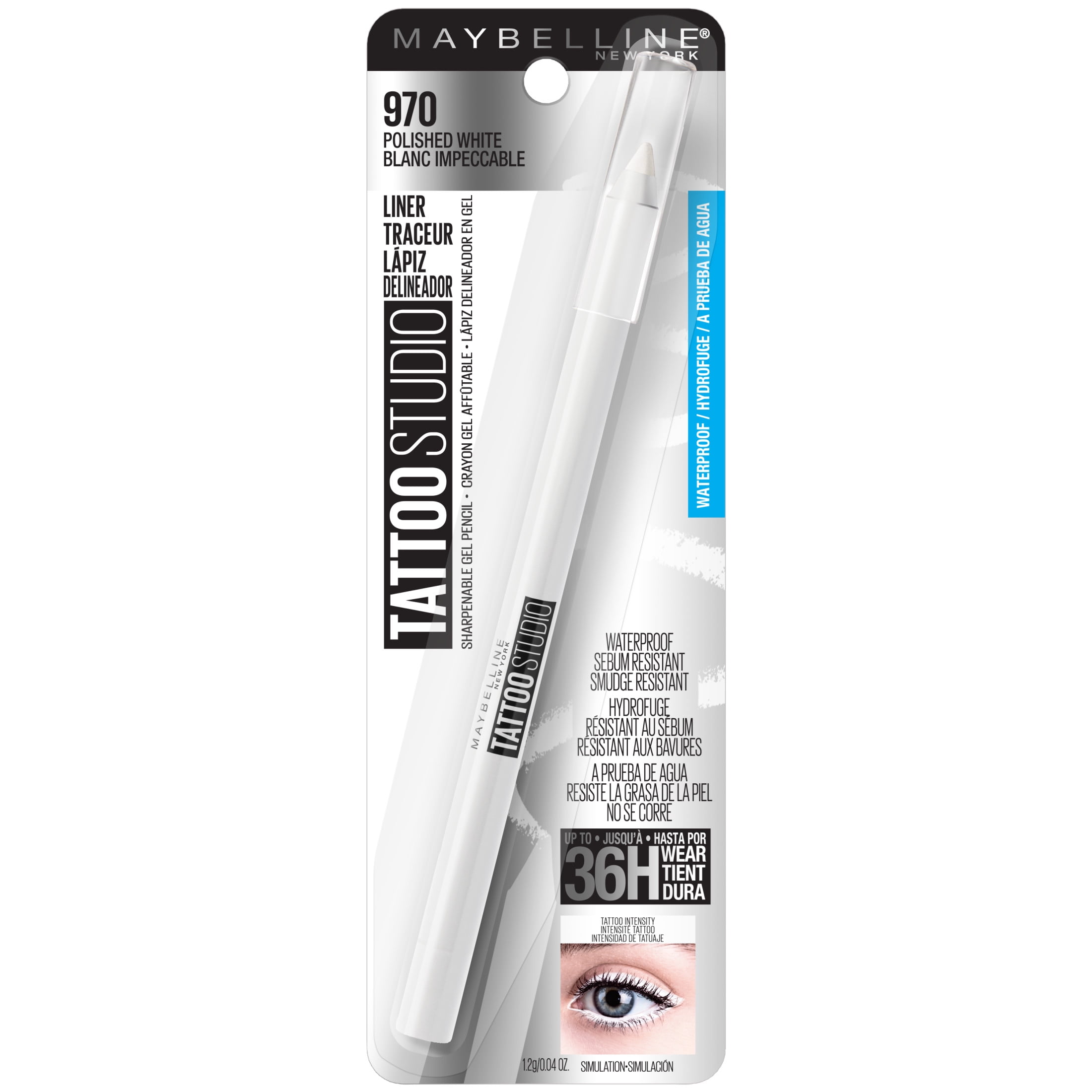 (2 pack) Maybelline Tattoo Studio Waterproof and Sharpenable Gel Eyeliner Pencil, Polished White, 0.04 oz