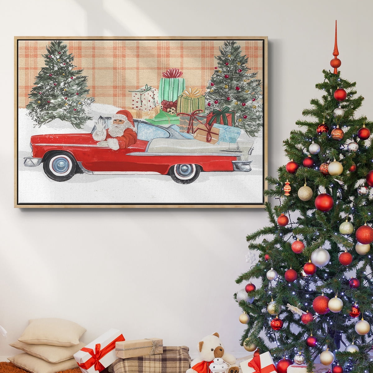Santa on Wheels II - Framed Gallery Wrapped Holiday Canvas - 17 x 25 - Natural Wood Frame
