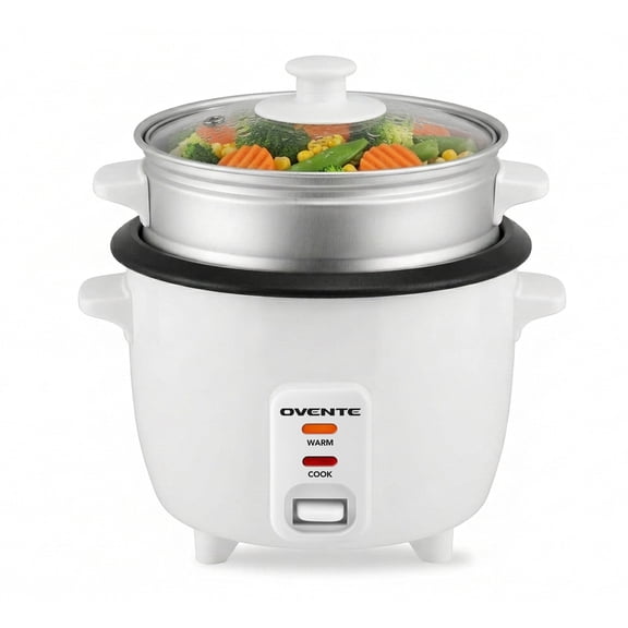 OVENTE 5-Cup Electric Rice Cooker and Food Steamer, White RCS01W | 400W, Nonstick Removable Pot, Keep Warm Function, Steaming Basket, Measuring Cup and Spatula Included