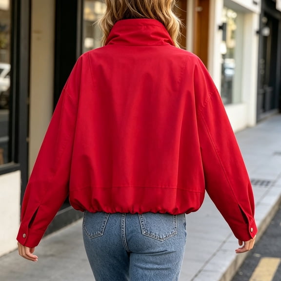 Women's Casual Jackets Solid Color Top Stand Collar Long Sleeve Zip Up Outerwears (Red L)