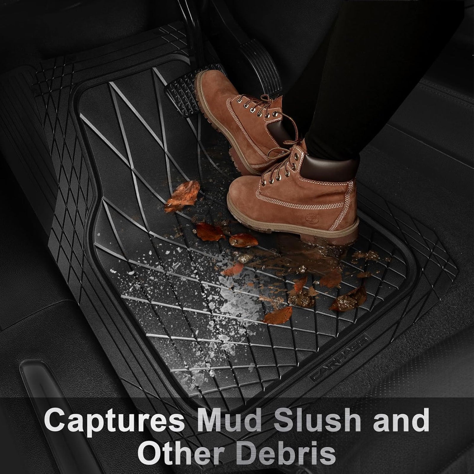 CAR GRAND premium heavy duty rubble car floor mats deep dish all weather waterproof easy clean universal trim fit sedan SUV Van Truck all black