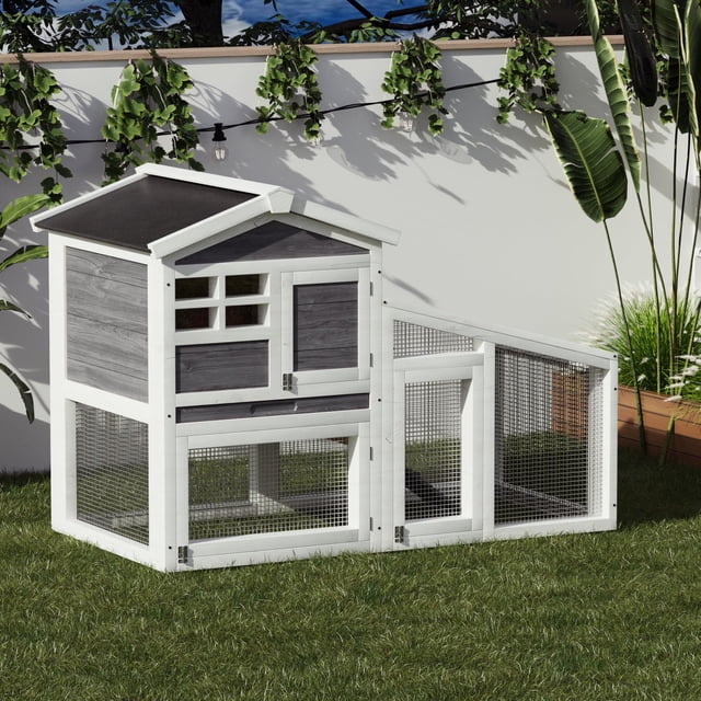 Jaula de Conejo de Madera de 2 Niveles, Chicken Coop Casa para Mascotas de Exterior con 6 Puertas de Ventilación, Bandeja y Rampa Removibles, Jaula para Aves de Exterior