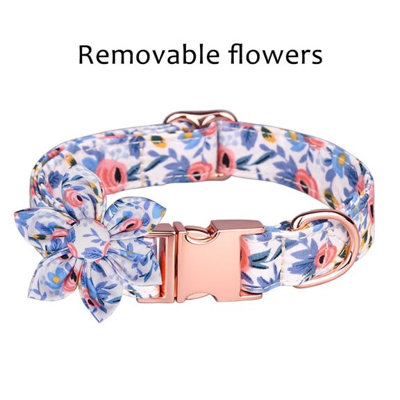 Ameitech Flower Dog Collar, Blue Adjustable Girl Dog Collar with Flower, Floral Pattern Pet Collar for Medium Dogs
