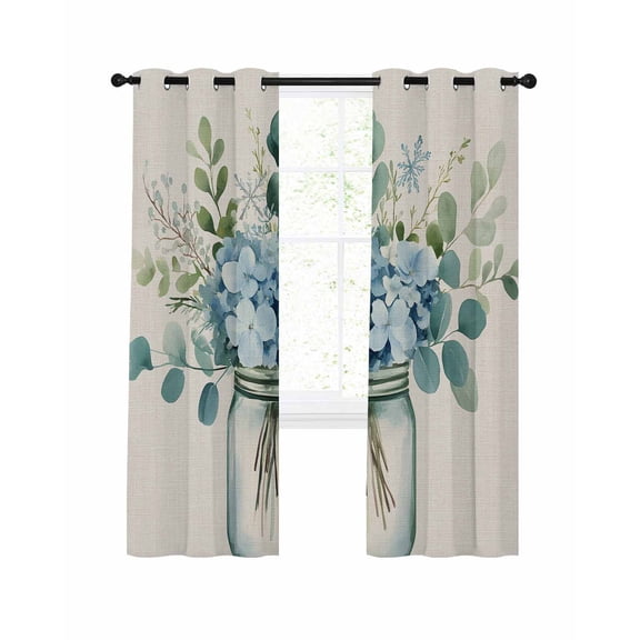Teal Spring Floral Blackout Curtains, Light Blocking Print Window Curtains, Watercolor Summer Flowers Vintage Thermal Insulated Window Drapes for Living Room Kitchen Cafe 2 Panels, 84"W x 84"L