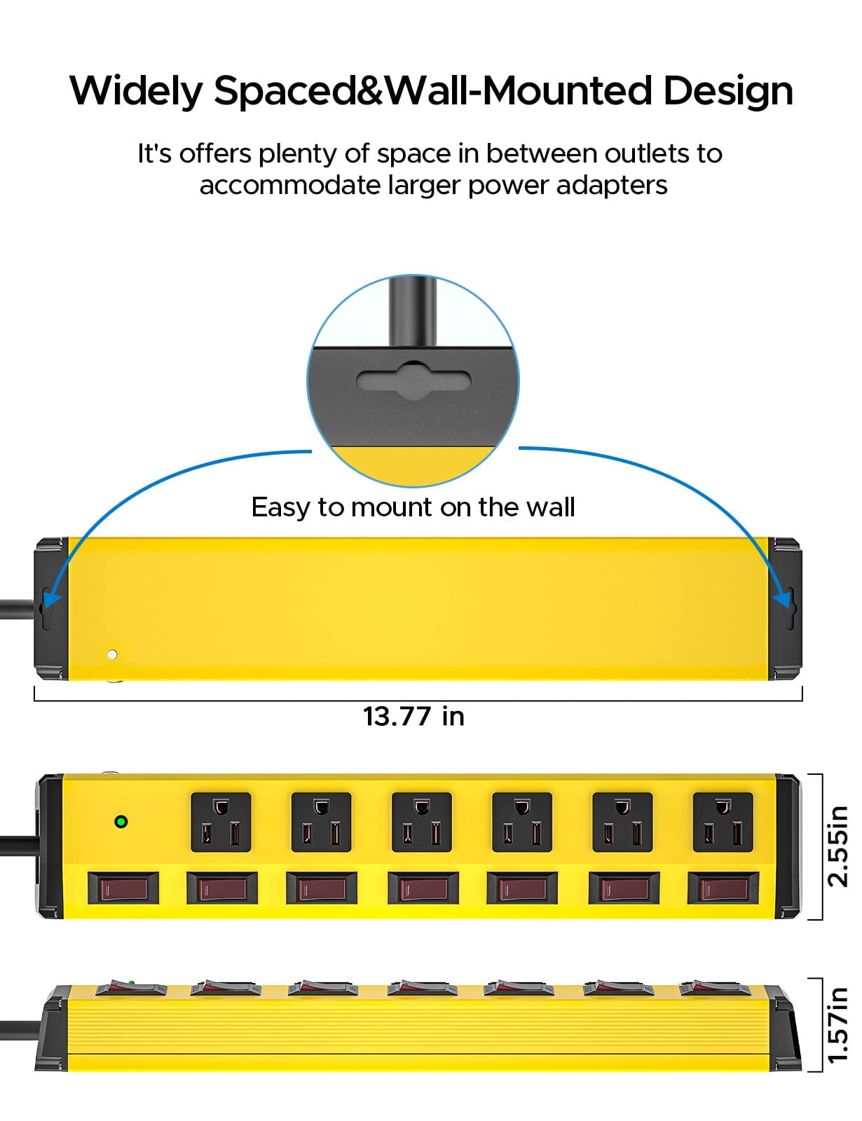 CRST Heavy Duty Metal Power Strip Surge Protector Individual Switches 6-Outlet with 45° Flat Plug 6 Feet 14AWG SJT Extension Cord, 1875W