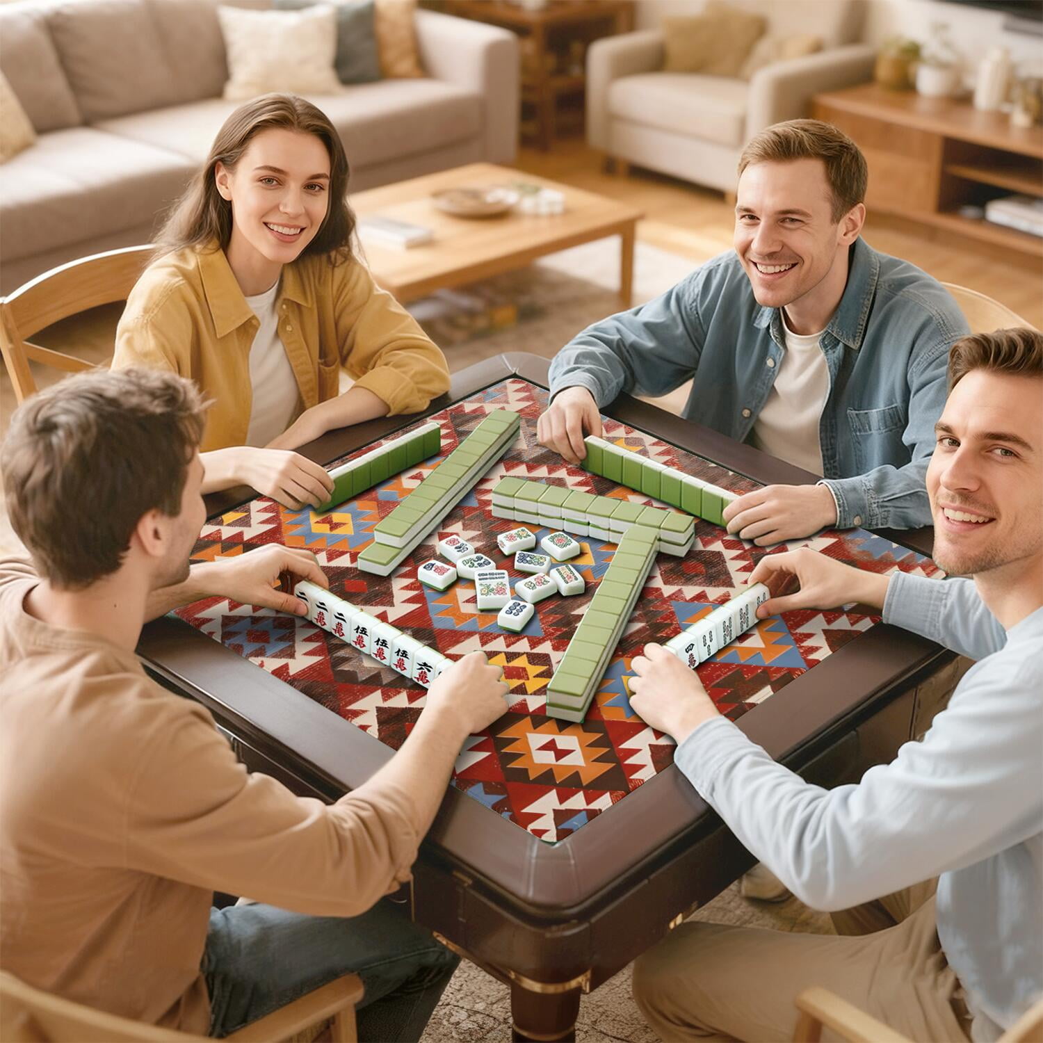 Decorative Boho Inspired Non-Slip Table Mat for Mahjong 31.5 Inch Square Rubber Surface Reduces Tile Noise for Card Games Board Games and Game Nights