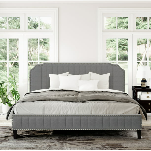 Gray Upholstered Platform Bed King, King Size Bed Frame With Headboard No Box Spring
