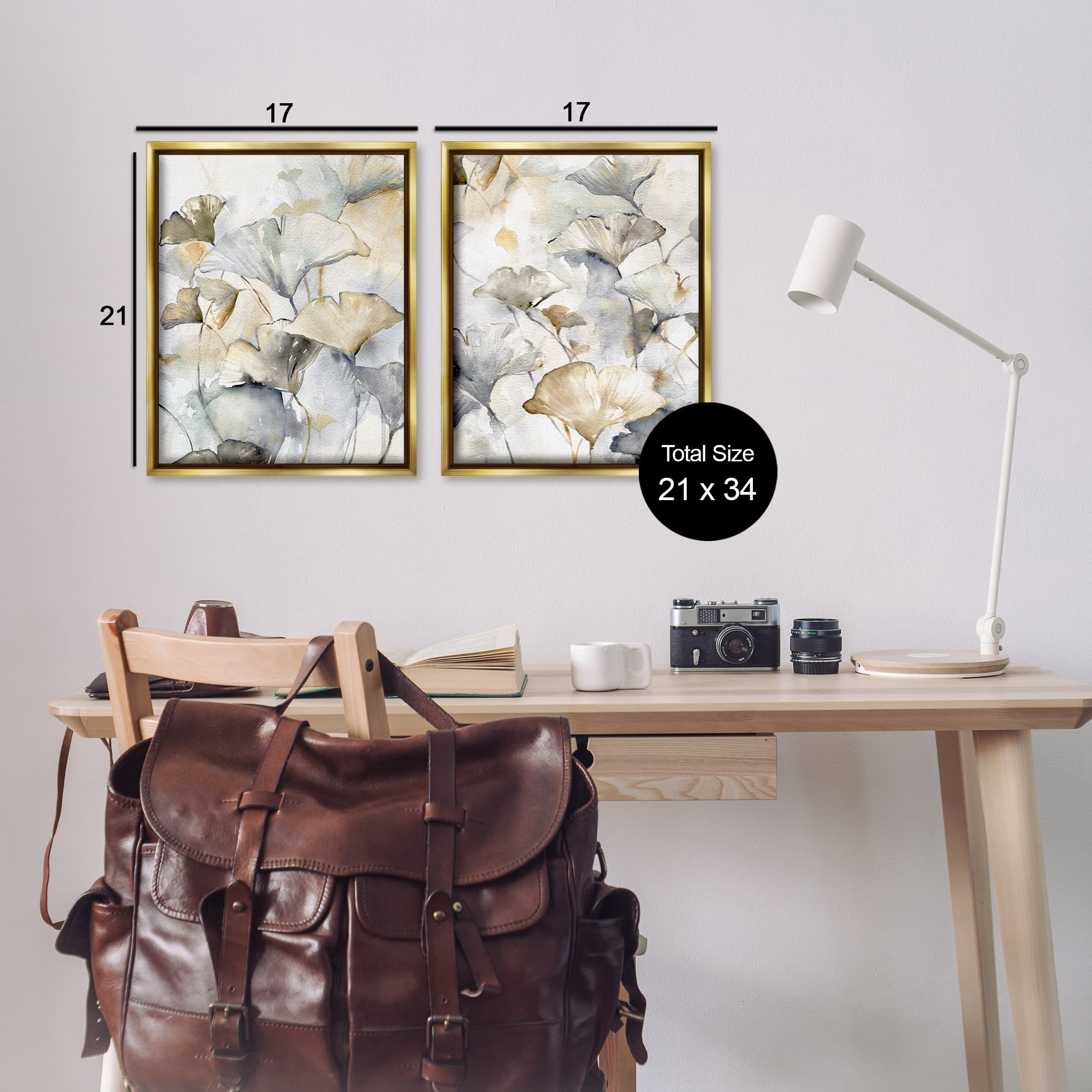 Stupell Industries Gingko Leaves in Layers Plants & Flowers Painting Gold Floater Framed Canvas Art Print Wall Art, 17 x 21, Set of 2