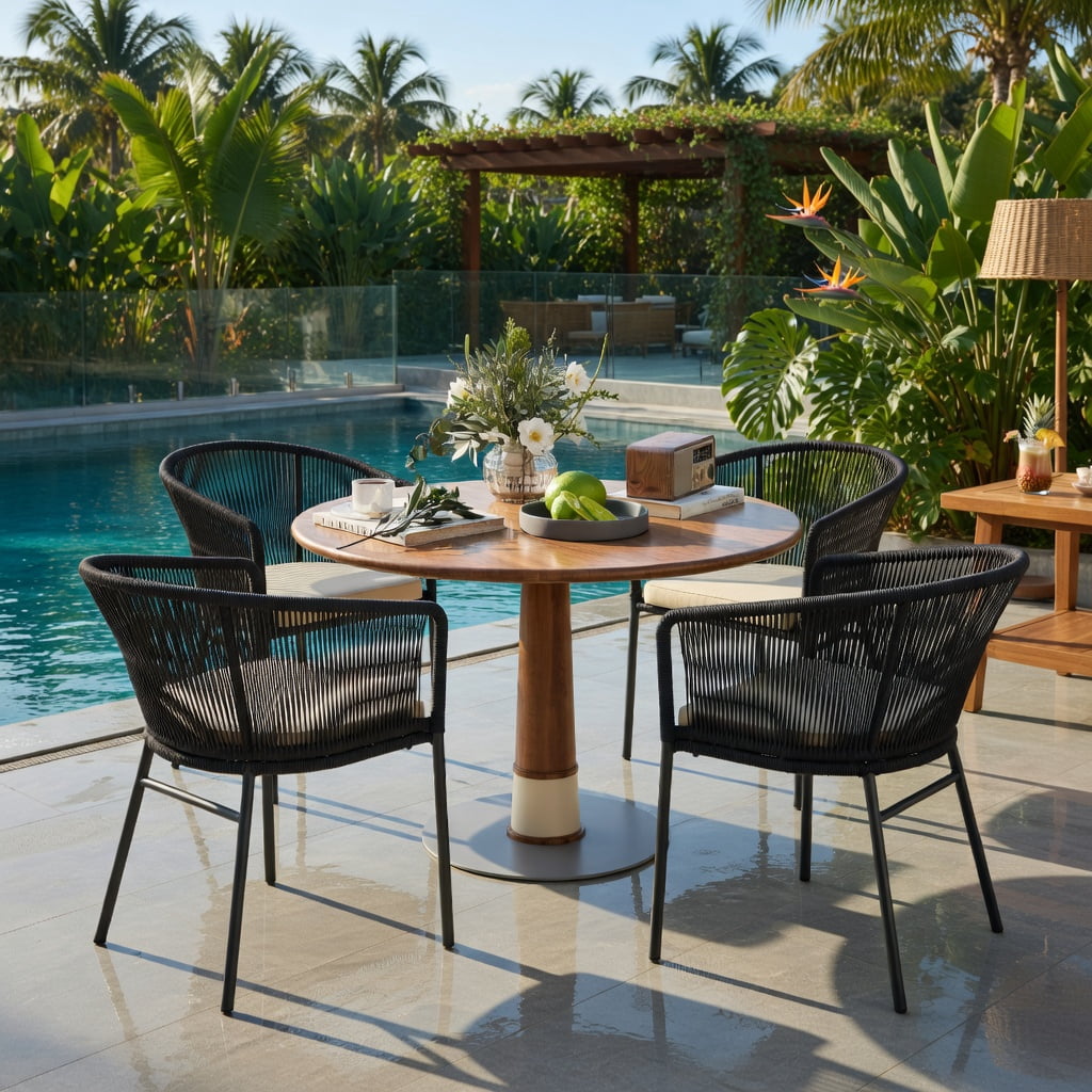 Hommoo 4-Piece Outdoor Patio Chair Set with Curved Backrest, Thick Seat Cushions & Adjustable Feet, Modern Bistro Chairs for Deck, Balcony, or Garden, Black