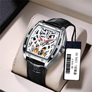 GUANQIN Tonneau Skeleton Tourbillon Automatic Mechanical Men Wrist Watch Business Classic Dress Stainless Steel Leather Sapphire Crystal Waterproof Self-Winding Clock