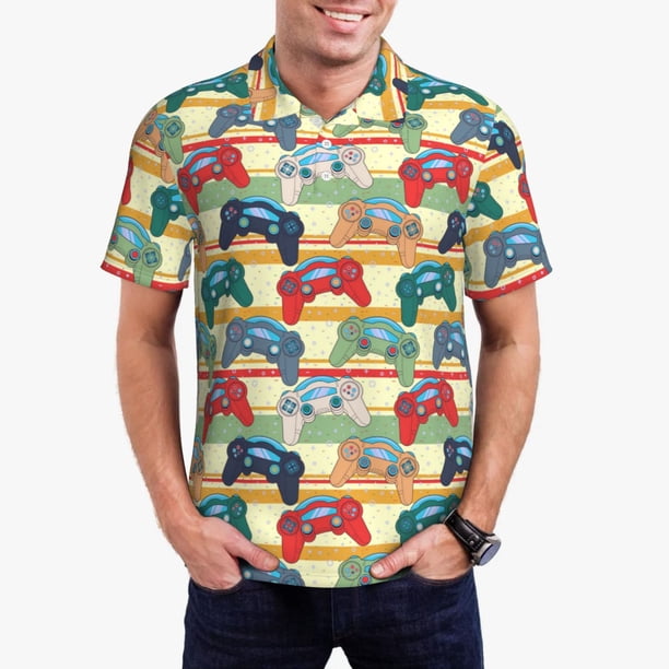 Fotbe Retro With Joysticks Camiseta Polo de Golf para Hombre con Estampado – Camisa Deportiva Transpirable con Cuello Abotonado-Large