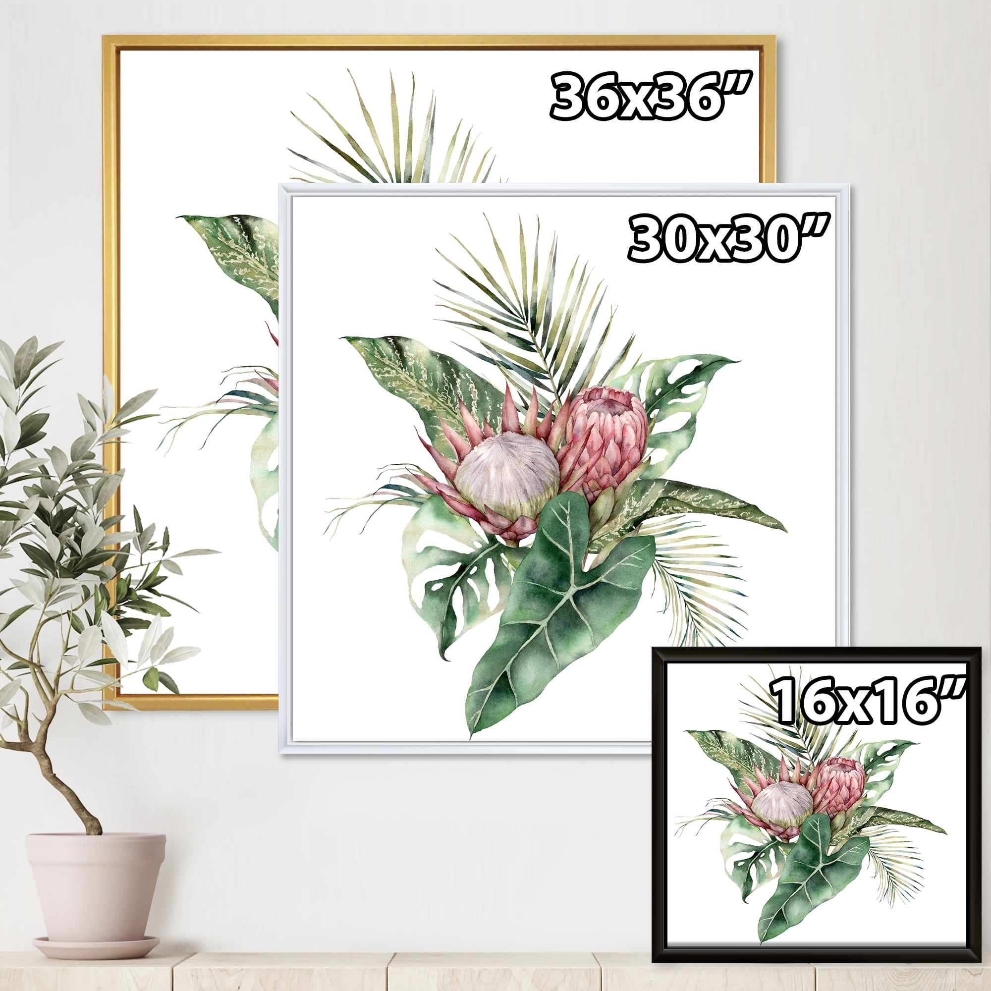 Designart 'Queen Proteas Palm & Monstera Leaves' Traditional Framed Canvas Wall Art Print