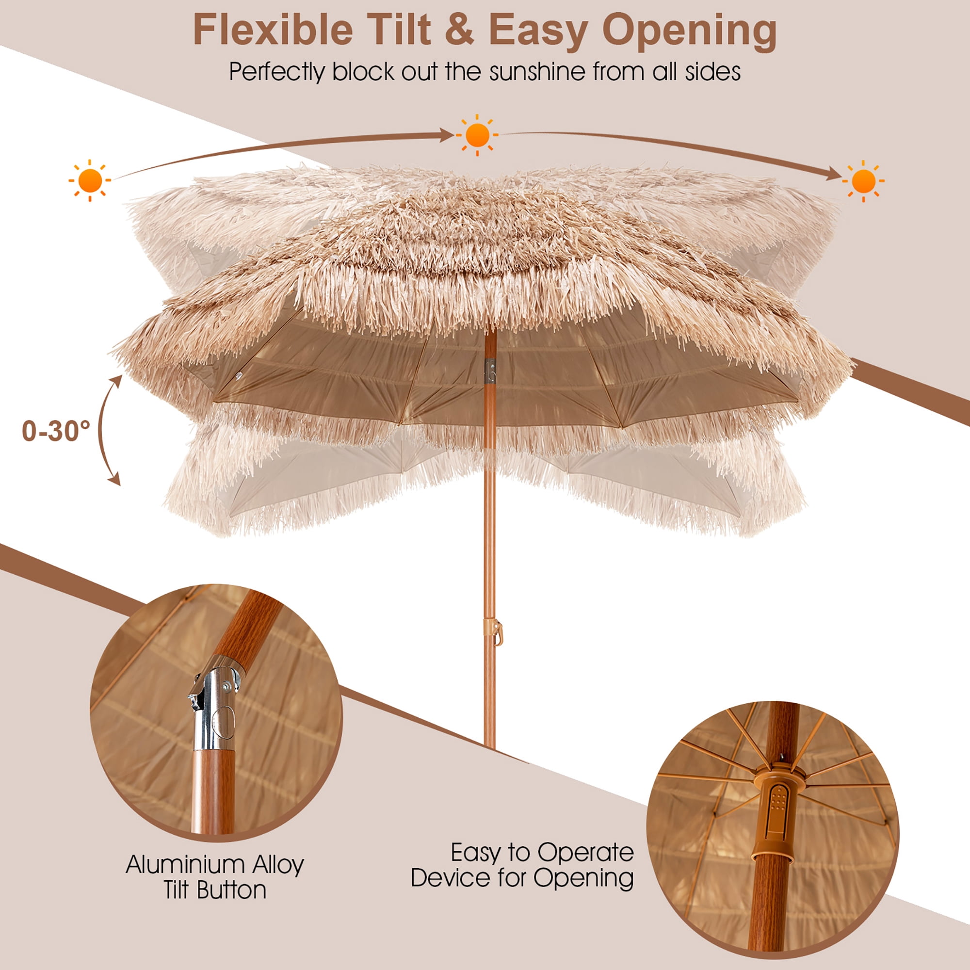Costway 7.2FT Patio Thatched Tiki Umbrella W/Tilt 8 Ribs Hawaiian Hula Beach