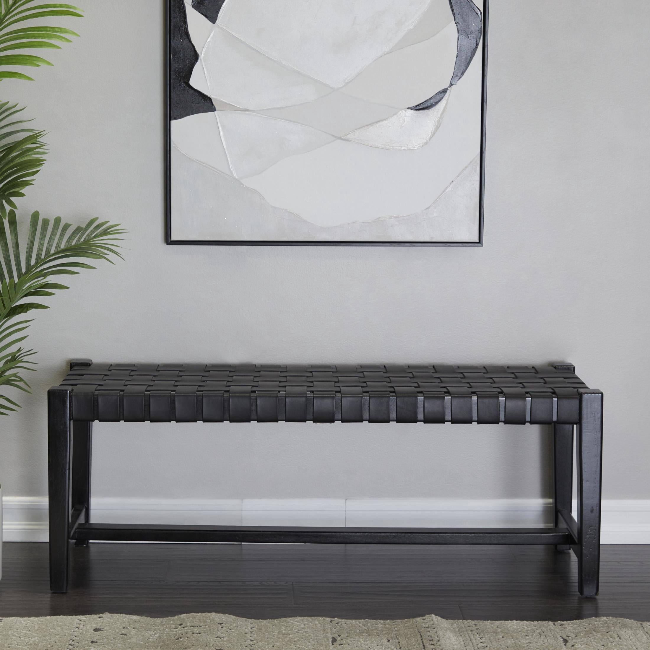 DecMode Leather Handmade Woven Bench with Teak Wood Frame, Black