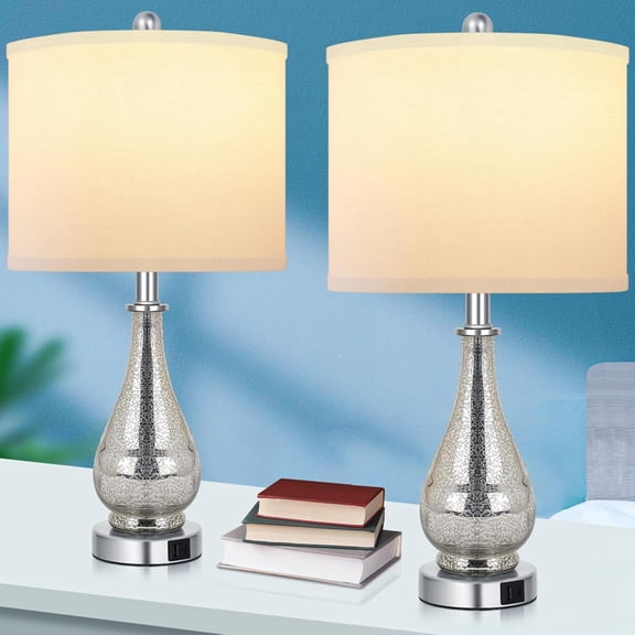 Glass Table Lamps Set of 2, Modern 23.5” High Hand-Applied Silver Mercury Glass Bedside Lamps, for Bedroom Living Room Home Nightstand Table Lamp(with USB C A 5V 2.1A Charging Ports)