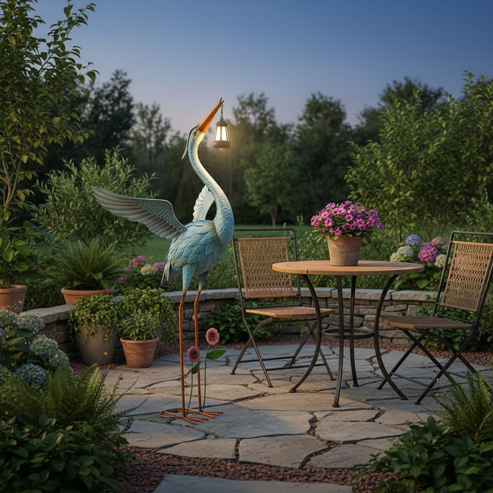 Metal Crane Garden Statue for Outside, Large Heron Outdoor Statues with Leaf Tray, Elegant Crane Yard Art Garden Decor for Garden Yard, Porch