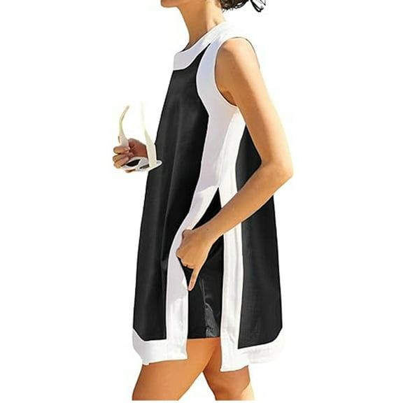 Women's 2 Piece Sets Casual Color Block Crewneck Sleeveless Pullover Tops Matching Shorts with Pockets