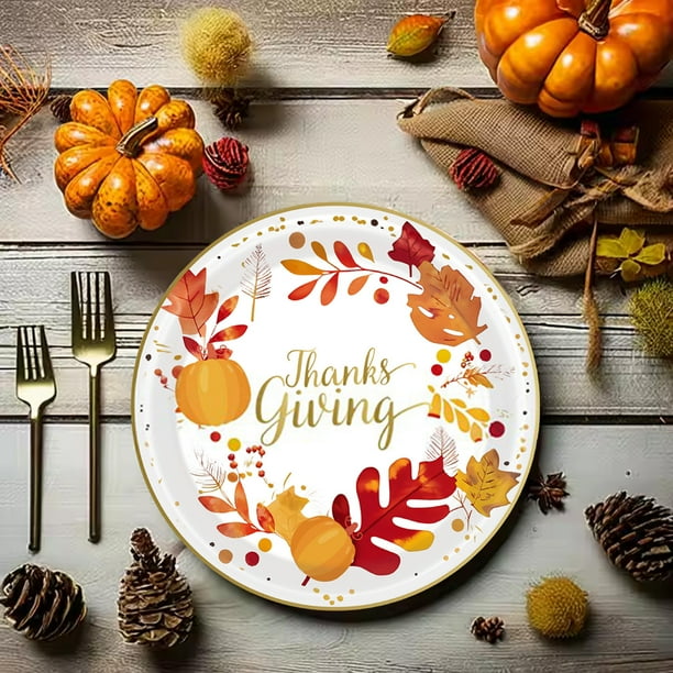 Decoración de Acción de Gracias, Juego de vajilla desechable de Acción de Gracias, juego de 20 platos de papel desechables de 9 pulgadas con hojas de otoño y calabaza, decoraciones de fiesta para un a