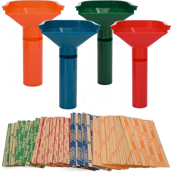 4 Pack Color-Coded Coin Sorting Tubes with 200 Assorted Coin Wrappers, Coin Counting Tubes for Quarters, Dimes, Nickels & Pennies, Coin Sorter and Wrapper Set for Home and Bank Use