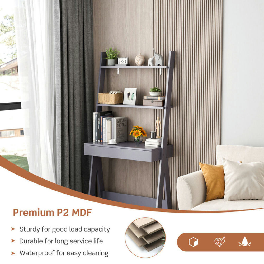 Demi Bonn 3-Tier Ladder Bookshelf, Desk Bookcase with Countertop Drawer and 2 Shelves, Gray