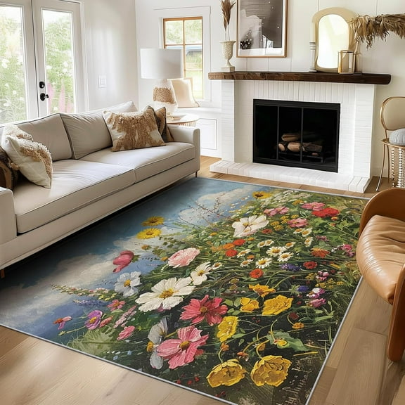 Wildflower Rug , Washable Spring Floral Rugs For Living Room Bedroom, Botanical Area Rug For Home Decor, Non Slip Backing Floor Carpet 4x6ft