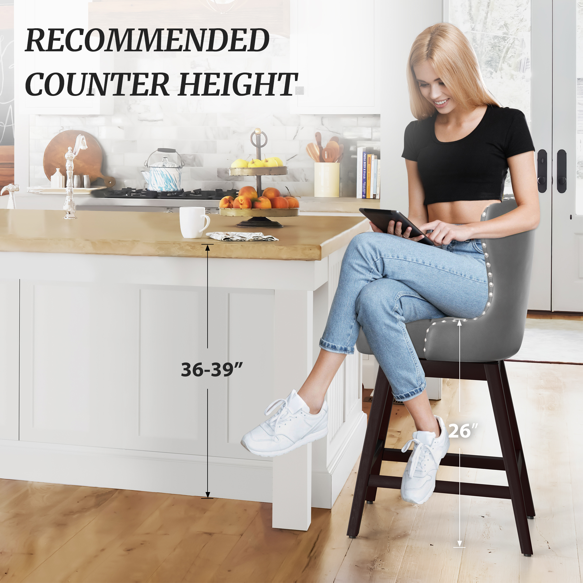 Dycanpo 26" Swivel Bar Stool with Upholstered Back, for Home Kitchen, Dark Gray