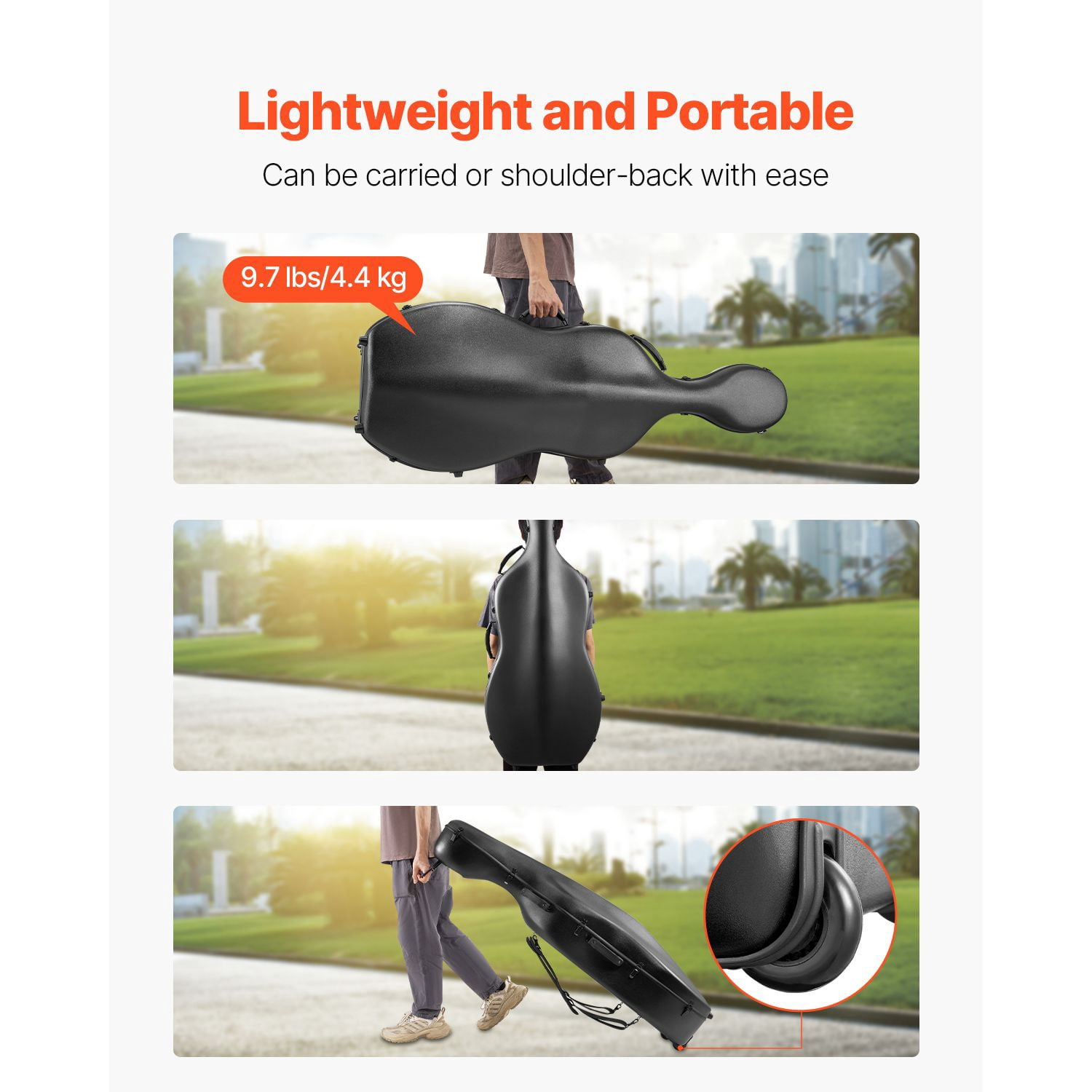 4/4 Full Size Cello Case, Composite Carbon Fiber, Lightweight Portable Travel Carrying Bag, with Plush Lining, Dual Shoulder Straps, Anti-Scratch, Professional Cello-Shape, for Cello, Black