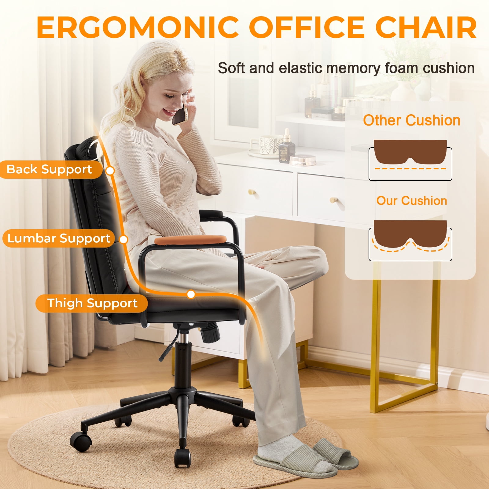 Falvinoryn Modern Office Chair, High Back Ergonomic Task Chair with Padded Armrests and Double Cushion, Swivel Home Office Desk Chair, Faux Leather Executive Armchair for Home, Bedroom (Black)