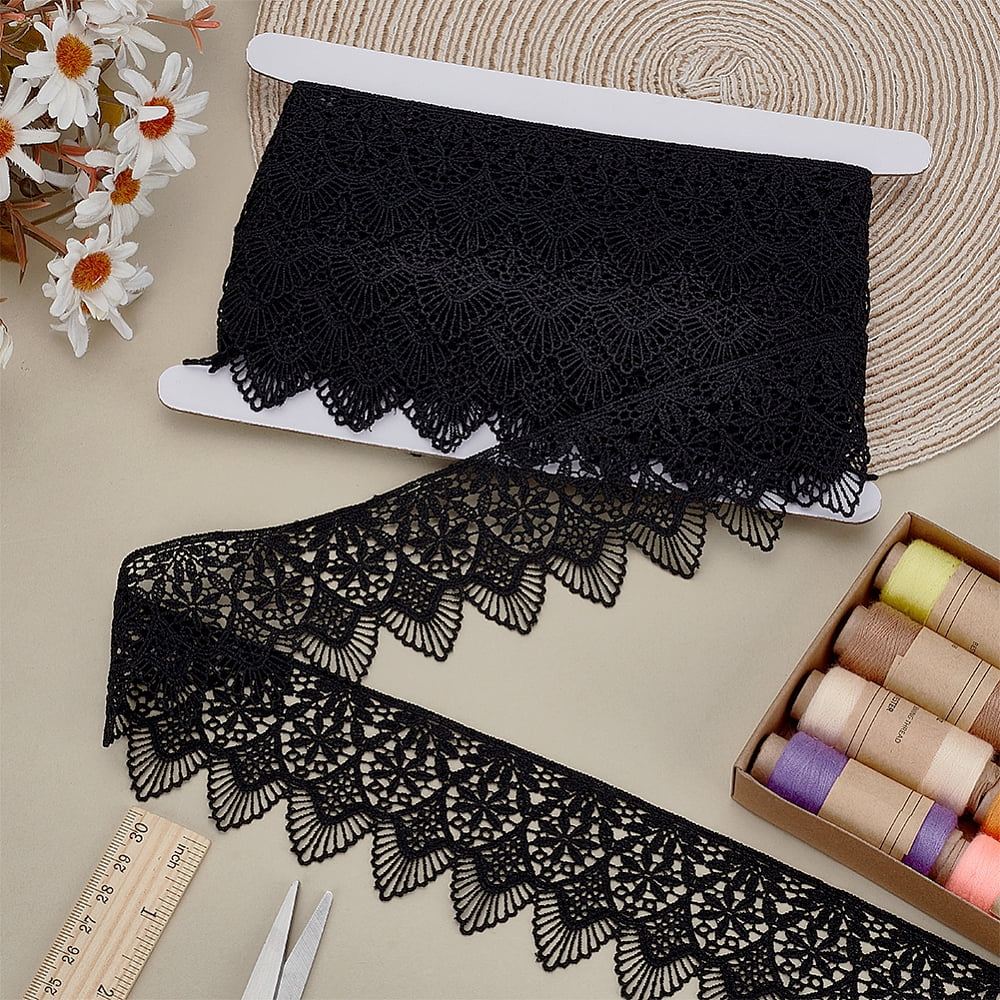 1Pc Polyester Lace Wavy Flower Ribbons for Cloth DIY Making Decor 1Pc Cardboard Display Card Black 2-3/8 inch(60mm) 6.56 Yards(6m)/Set