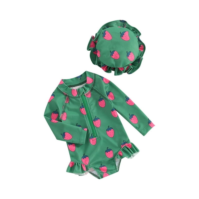 SUNSIOM Toddler Baby Girl Rash Guard Strawberry Print Long Sleeve Ruffle Swimsuit Zipper Bathing Suit with Swimming Cap