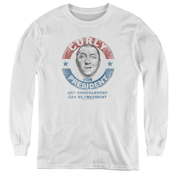 Three Stooges Curly For President Youth Long Sleeve Tee White