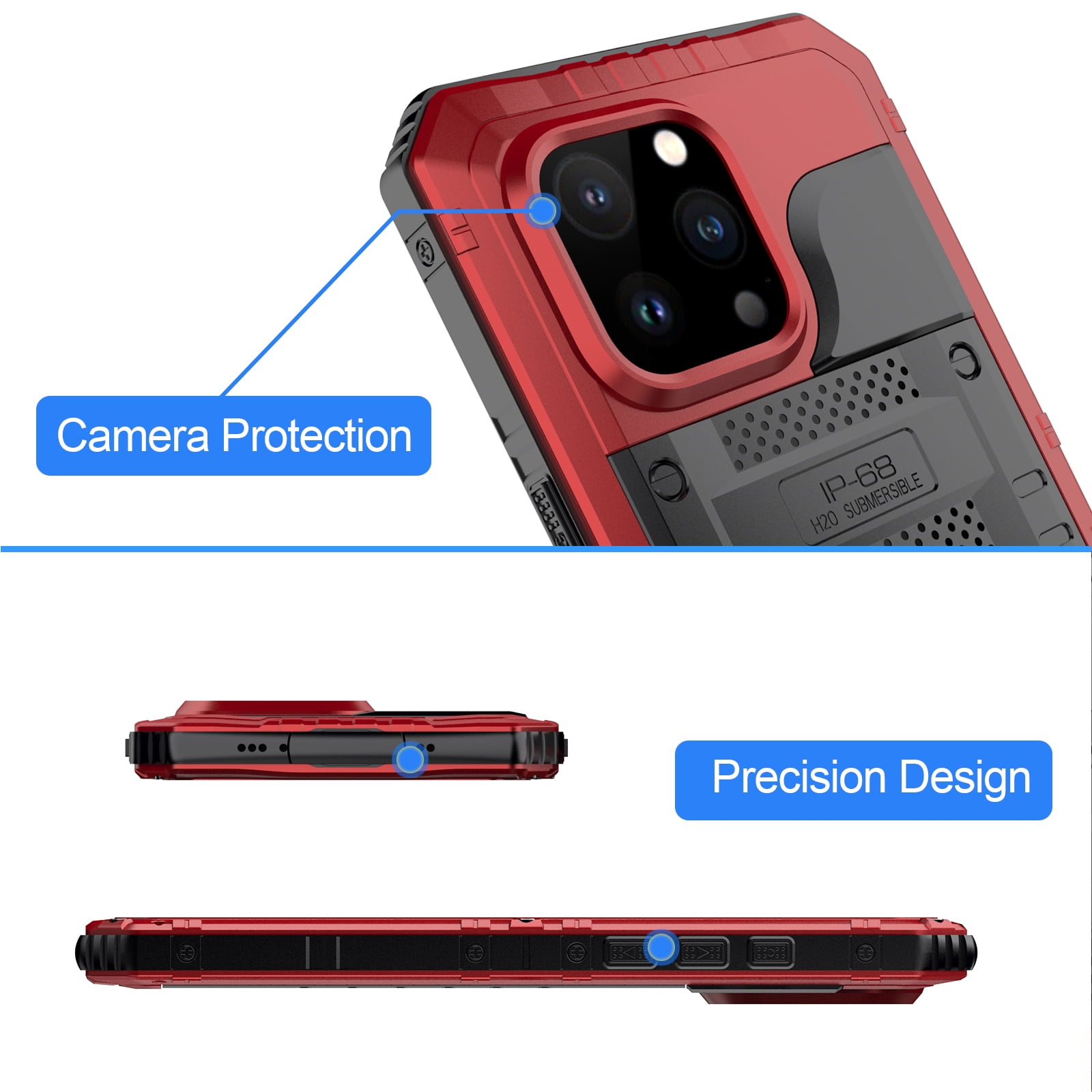 for iPhone 15 Pro Max Case, Military Grade IP68 Waterproof Dustproof Shockproof Full Body Sealed Underwater Case with Built-in Screen Protector Heavy Duty Metal Rugged Defender Phone Case,Red