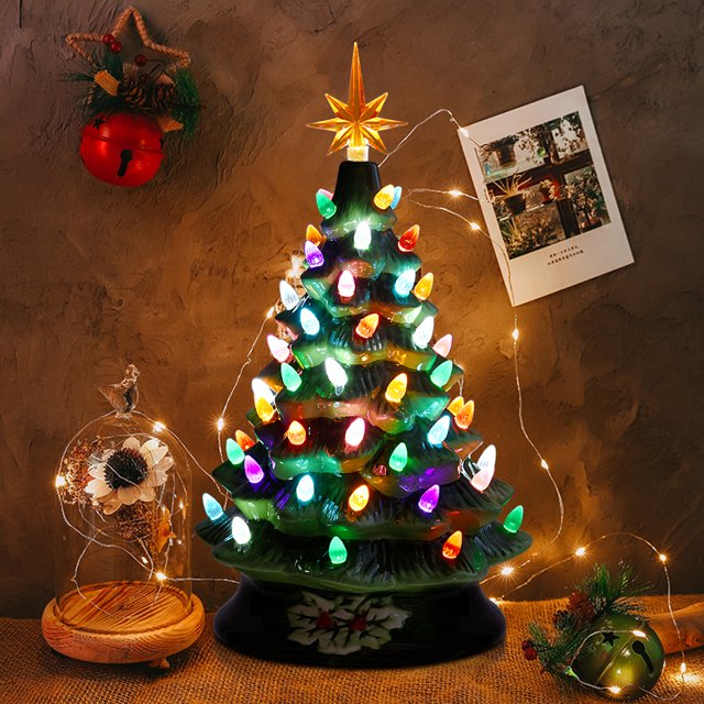 Gymax 15 Inch Artificial Christmas Tree Tabletop Luminous Ceramic Tree Green