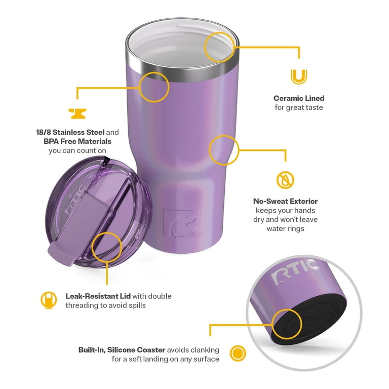 RTIC 30 oz Ceramic Lined Insulated Tumbler, Secure Lid, Lavender