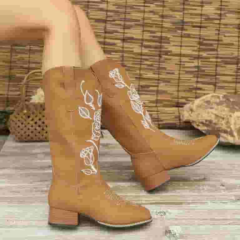 ロングブーツ KOMOREBI MUSEUM Handmade 2way shape round long boots KM286 Flower Embroider Mid Calf Cowboy Boots Women Autumn Winter