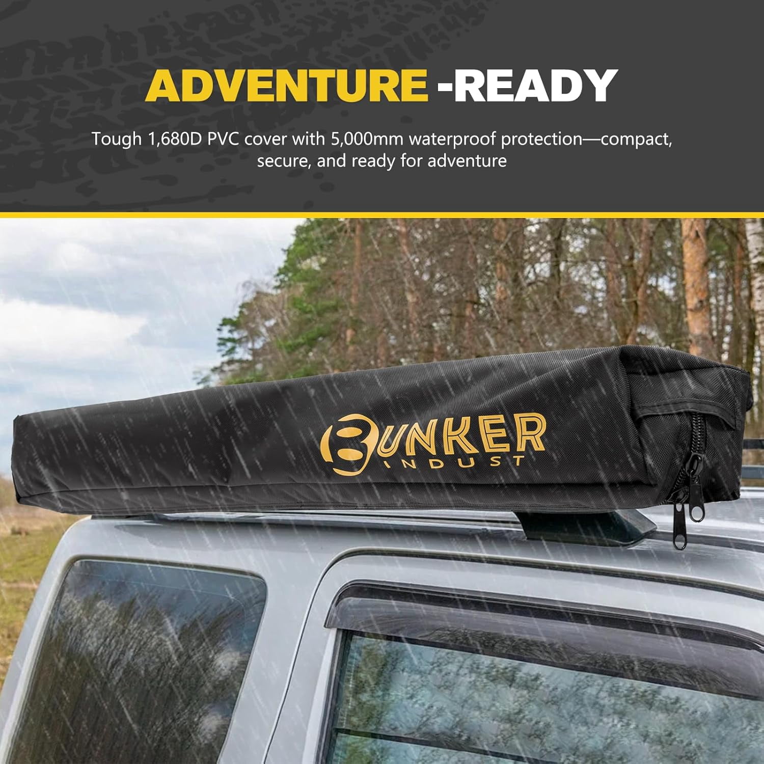 BUNKER INDUST Vehicle Side Shower Tent with Roof, Portable Outdoor Camping Privacy Shower Room Waterproof Awning, Built-in LED Light for Night, Black