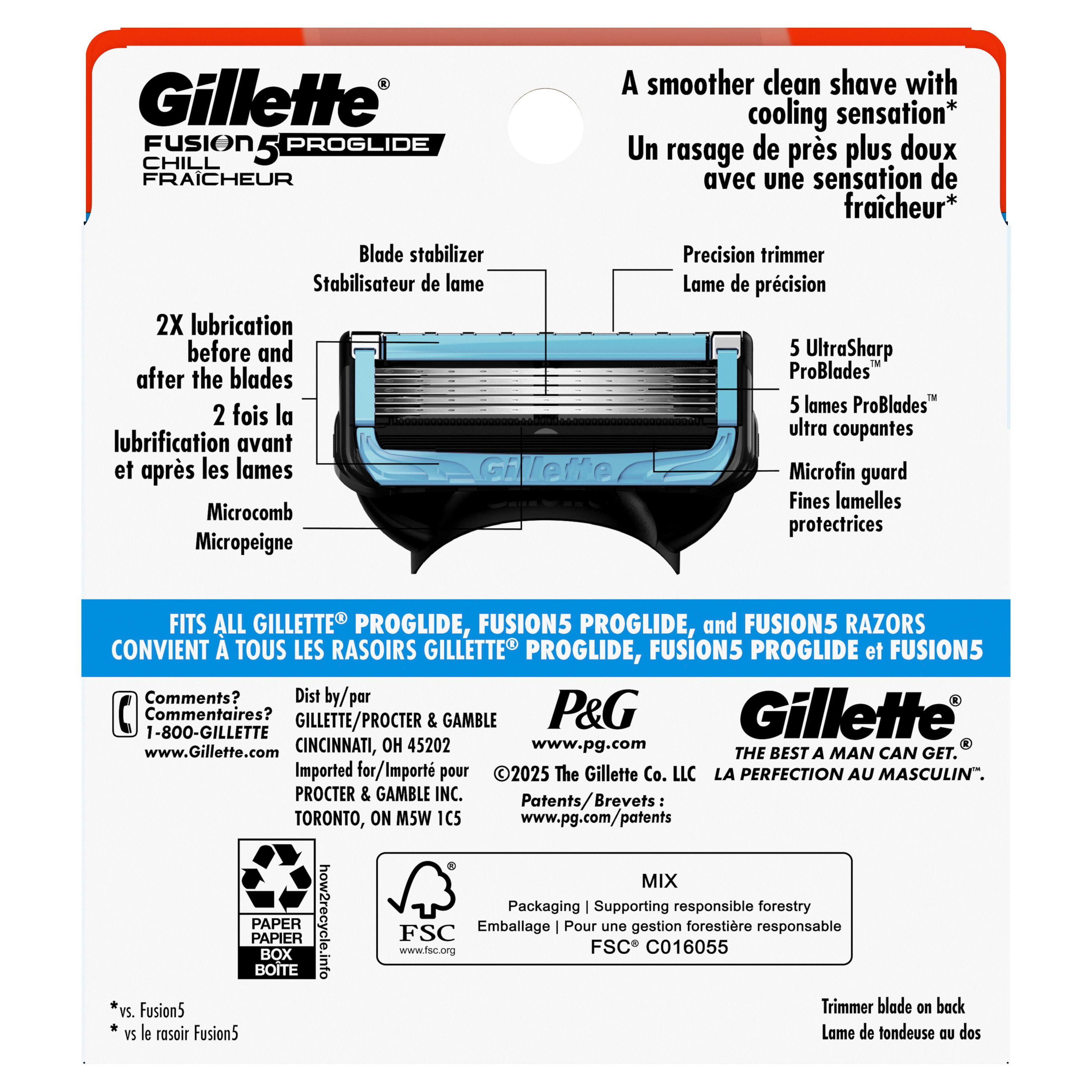 Cartouches de rechange de rasoir Gillette Fusion5 ProGlide Fraîcheur de rasoir pour manche de rasoir Flex-pivot, 5 lames de rasoir, 2x plus de lubrification rafraîchissante