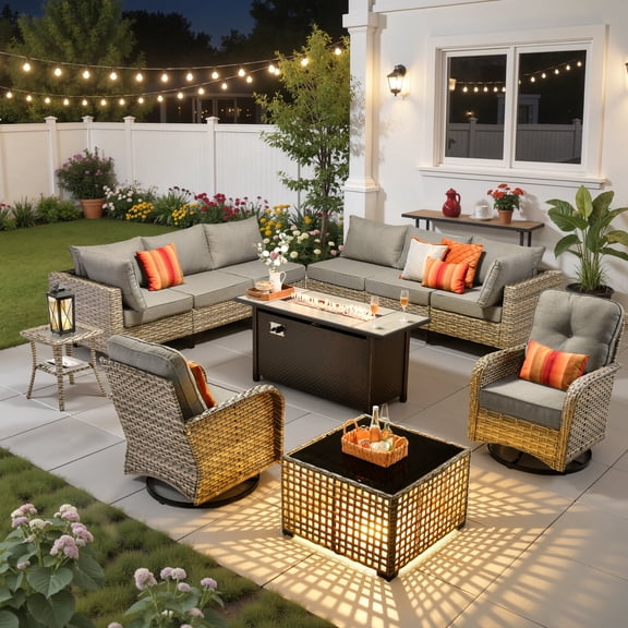 Ovios 11 Pieces Patio Furniture Set All-Weather Wicker Outdoor Sectional with 54" Fire Pit, Swivel Chairs & Solar Table