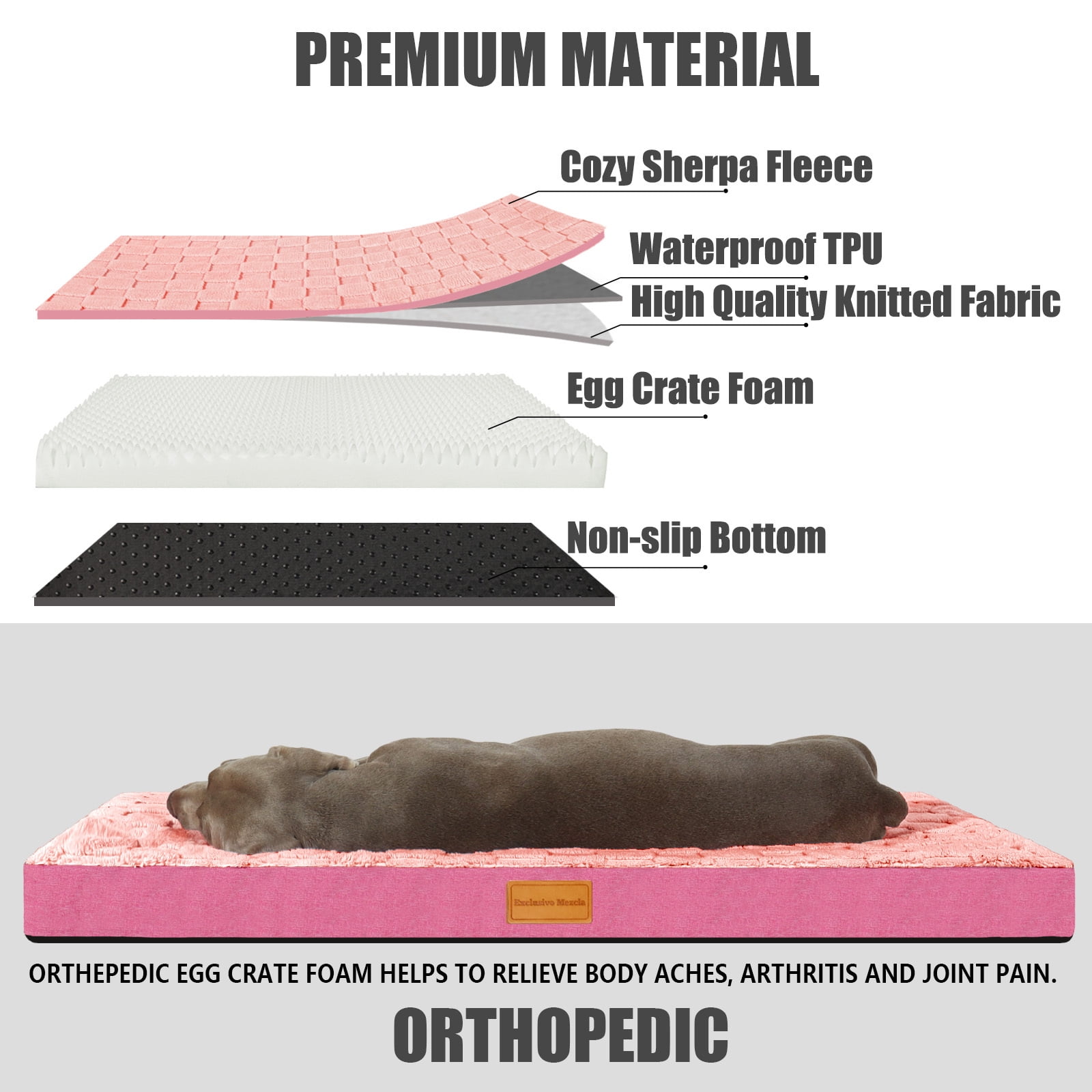 Exclusivo Mezcla Checkered Orthopedic Pet Bed for Extra Large Dogs 56"X40", Waterproof Removable Washable Cover, Pink