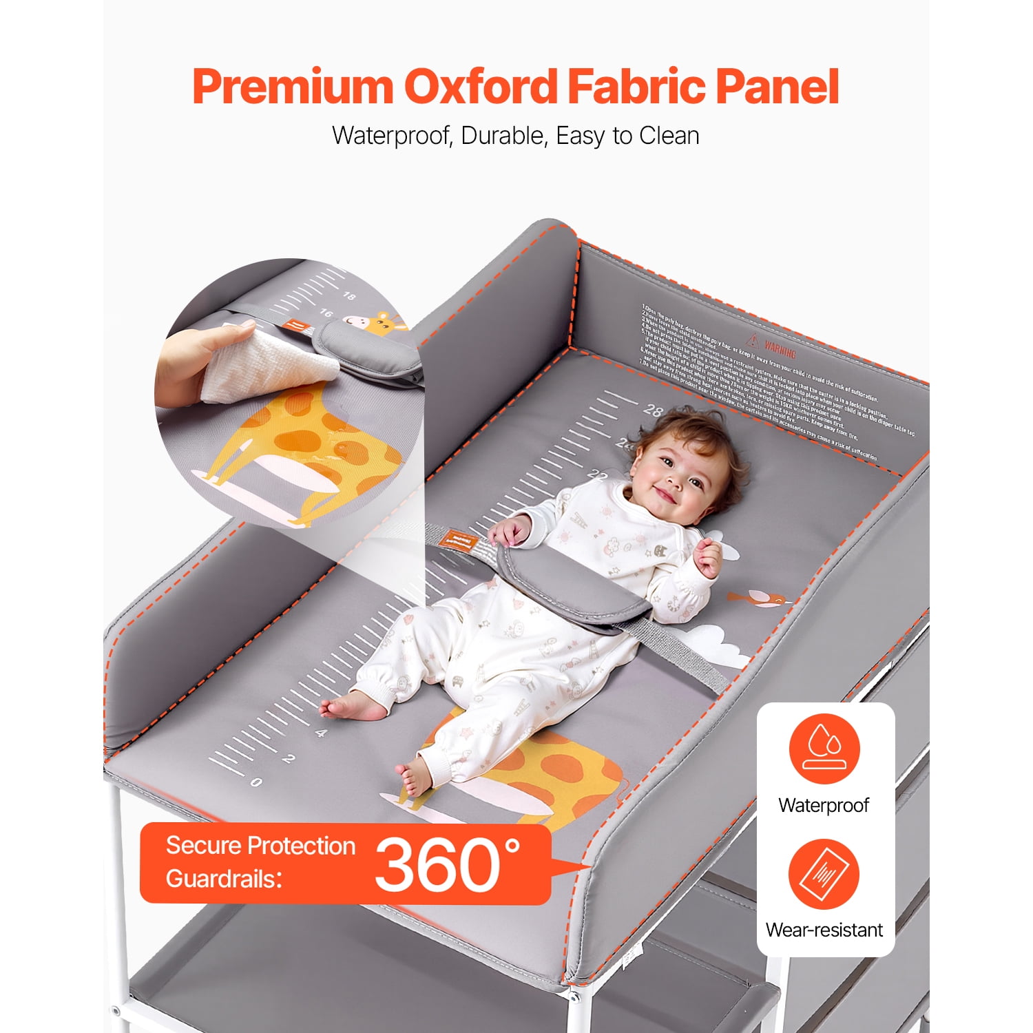 KFFKFF Portable Diaper Changing Table with Adjustable Height, Storage Organizer, Lockable Wheels, and 3 Fabric Drawers, Gray