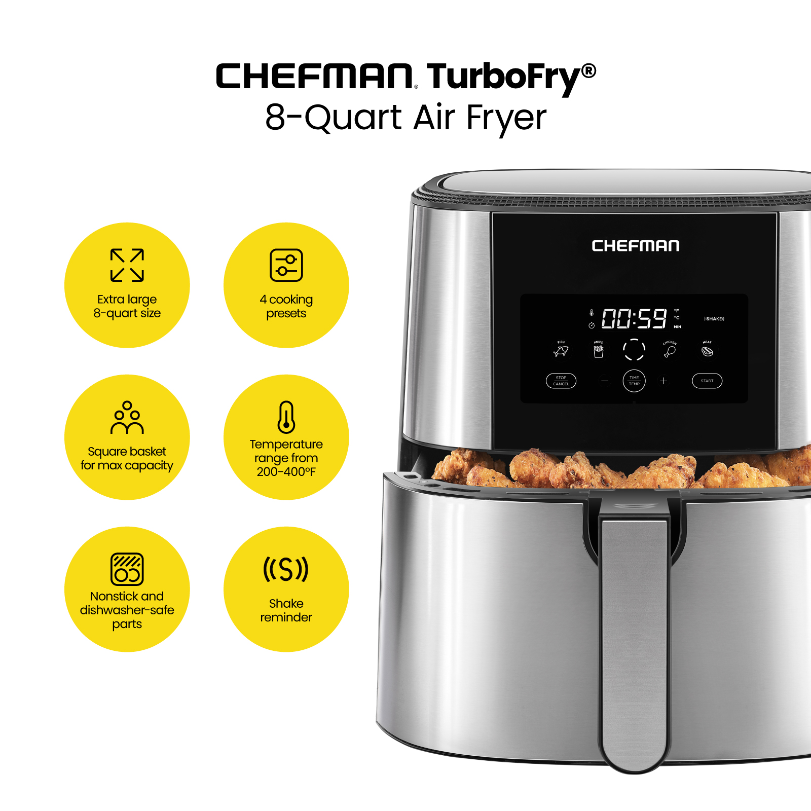 Chefman Turbofry Air Fryer w/ Digital Controls, 8 Qt Capacity - Stainless Steel, New - image 2 of 7