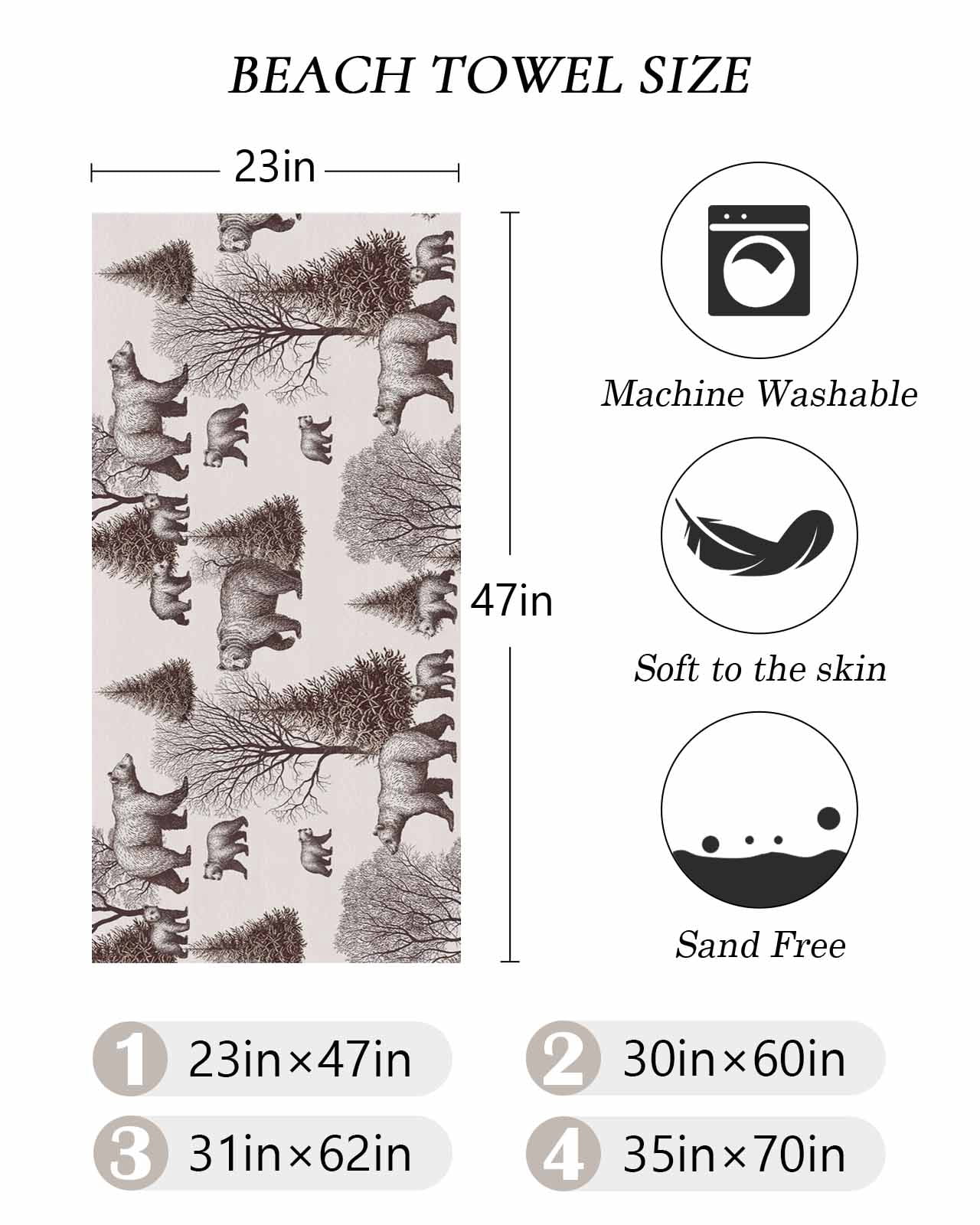 Brown Bear Beach Towels Oversized Super Absorbent, Hunting Bear Forest Wildlife Animals Vintage Lightweight Bath Towel Quick Dry Sets For Bathroom/Pool/Rv Camping/Beach Play/Gym Room/Picnic 31"x62"