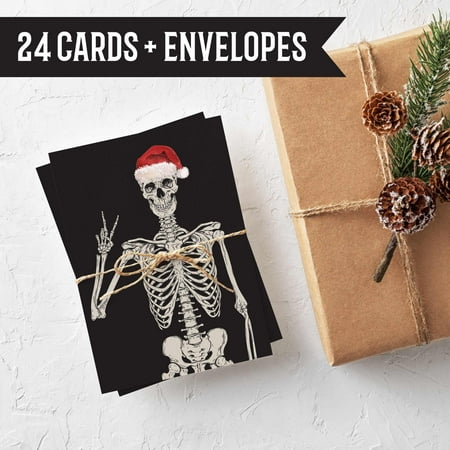 Print Christmas Envelopes Skeleton Christmas Cards Peace Signs - 24 Folded Cards with Envelopes | Fun Funky Skeletons with Santa Hat & Christmas Holiday Accessories | Blank Holiday Greeting Cards | Designed & Printed in USA ()