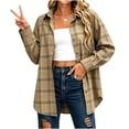 thumbnail image 5 of Women's Collared Loose Long Sleeve Plaid Shirt,Oversized Casual Button Down Shacket Jacket,Coffee,Women's Plus Size M, 5 of 7