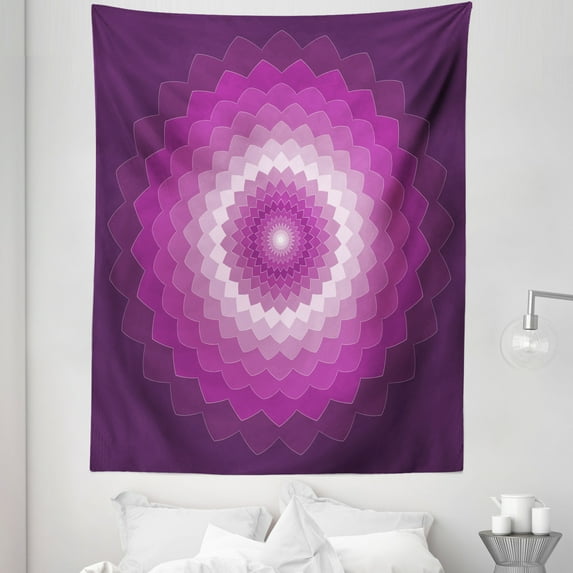 Purple Tapestry, Graphic Carnation Flower Optical Illusion Symmetric Vibrant Display, Fabric Wall Hanging Decor for Bedroom Living Room Dorm, 5 Sizes, Purple Magenta White, by Ambesonne
