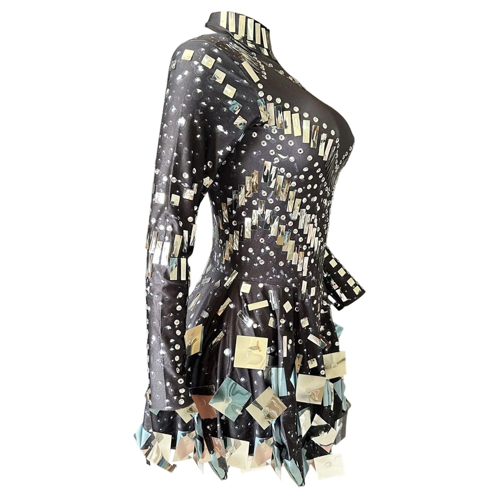 XIAOCHA Women's Mirror Sequin Mini Dress Long Sleeve High Neck Slim Fit Dress Futuristic Party Performance Dress
